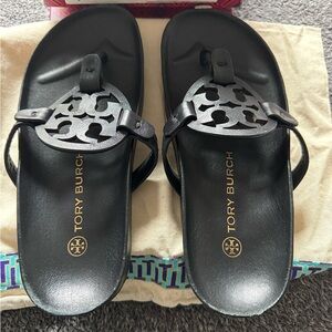 Tory Burch Black Leather Logo Thong Sandals Size 6 $95. Worn a few times only.